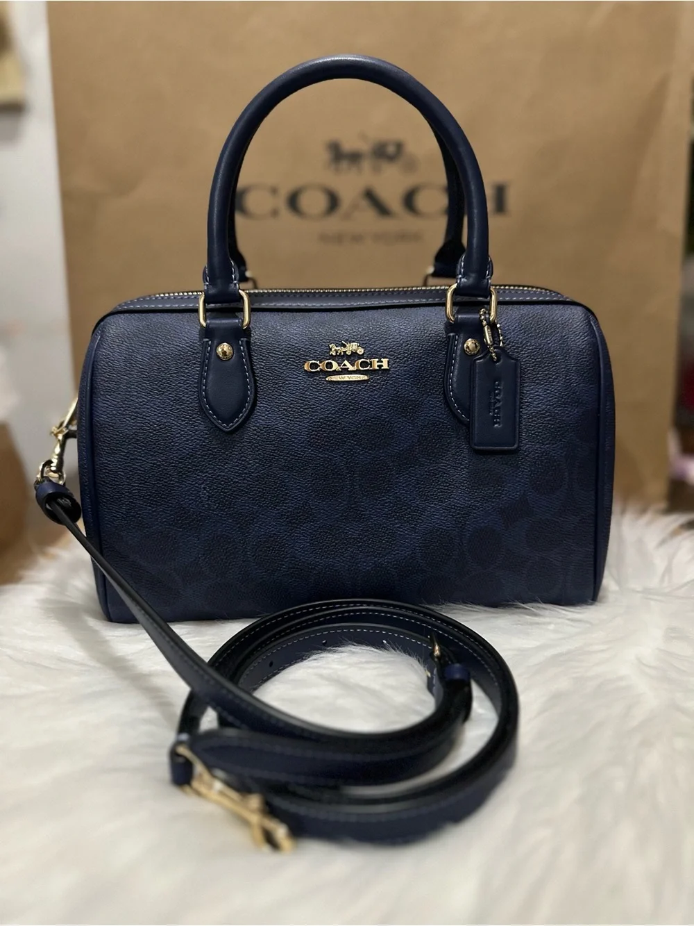 Coach Rowan Satchel Bag In Signature Canvas Gold/Navy CV961 NWT